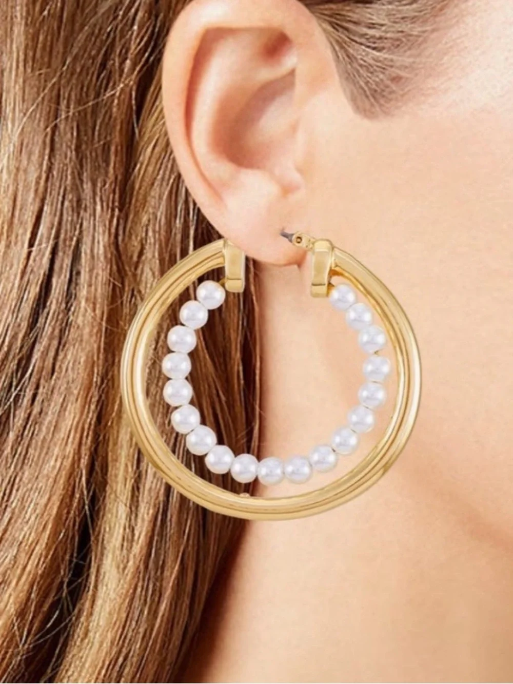 Vince Camuto Gold Hoops with White Pearl Inner Row